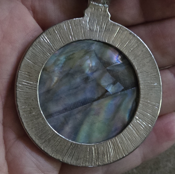 Lrg Round Abalone Pendant Statement Silver Tone Chain - Picture 3 of 8